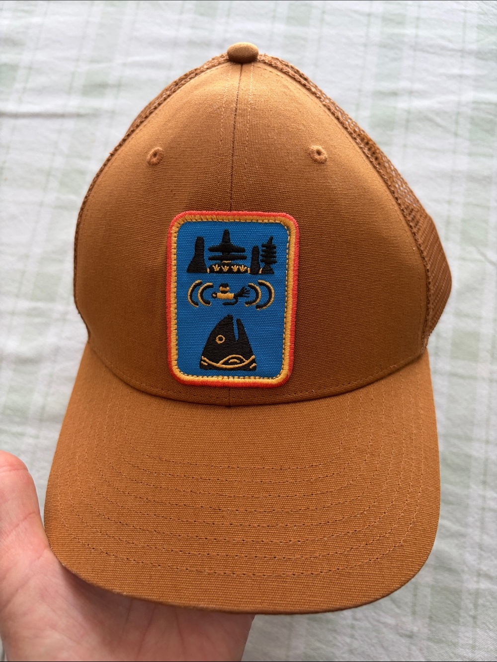 Patagonia Caramel Brown Trucker Hat with Blue Patch